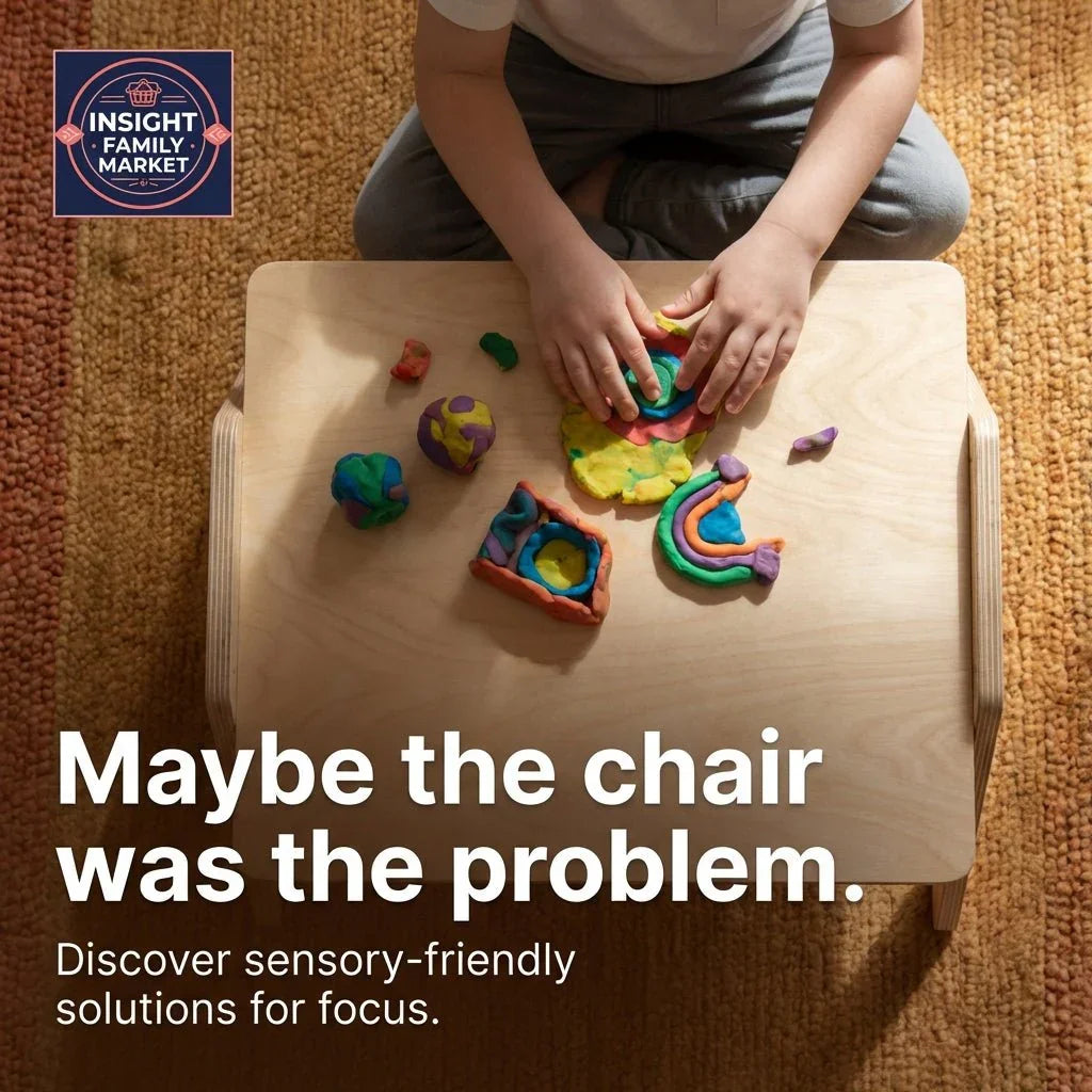 Child playing with colorful sensory clay at a wooden table, promoting sensory-friendly focus solutions.