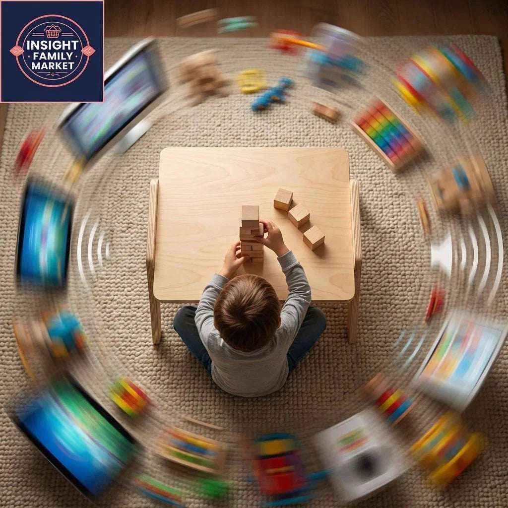 Neurodiverse child focusing on stacking wooden blocks amid sensory distractions