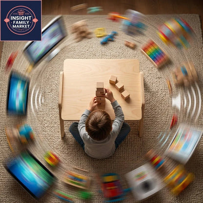 Neurodiverse child focusing on stacking wooden blocks amid sensory distractions