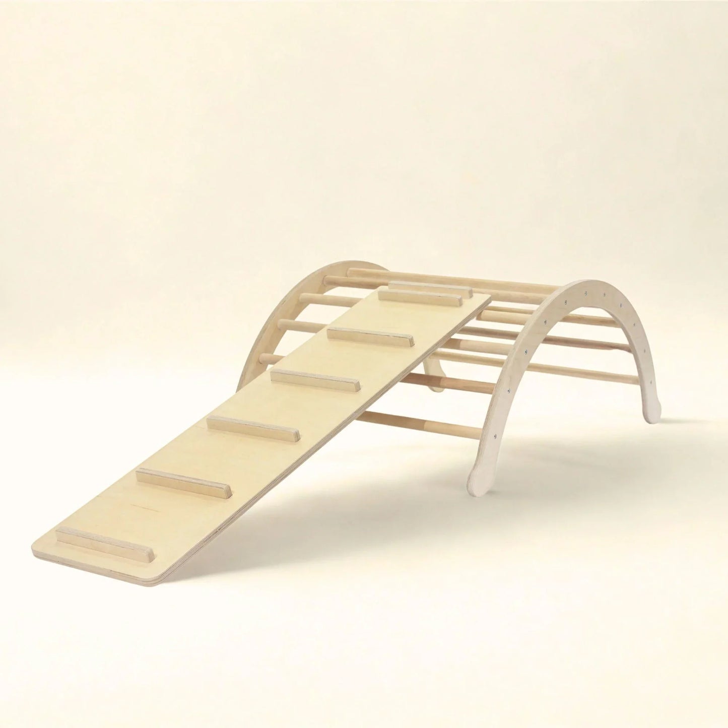 Wooden Pikler climbing arch with ramp and slide for sensory play or motor skill development