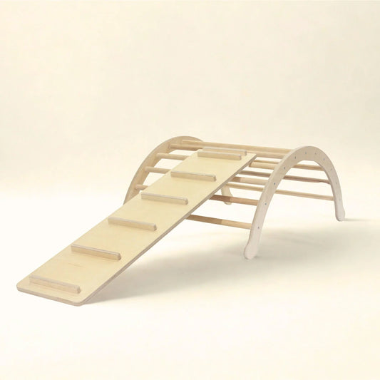 Wooden Pikler climbing arch with ramp and slide for sensory play or motor skill development
