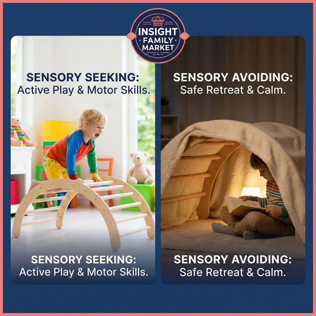 Child climbing sensory play structure and child reading in cozy sensory retreat tent.
