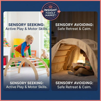 Child climbing sensory play structure and child reading in cozy sensory retreat tent.