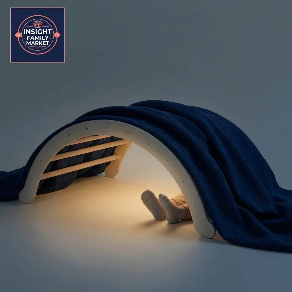 Child under sensory arch with blue blanket, cozy lighting, sensory-friendly setting