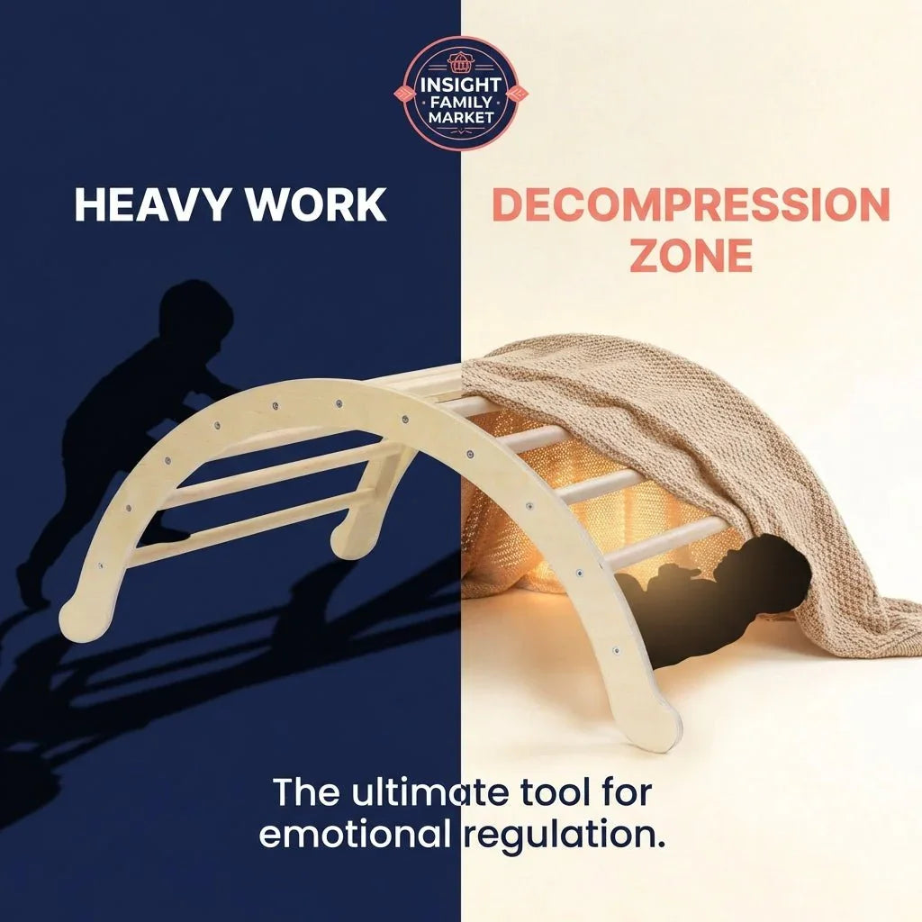 Wooden sensory arch for heavy work and decompression, aiding emotional regulation in children.