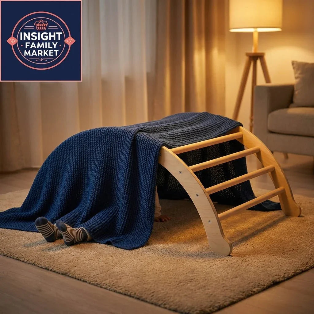 Cozy sensory play area with wooden climbing arch, navy blanket, and child on soft rug.