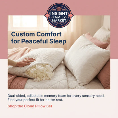 Hand adjusting shredded memory foam pillow on cozy bed, promoting sensory-friendly sleep support.