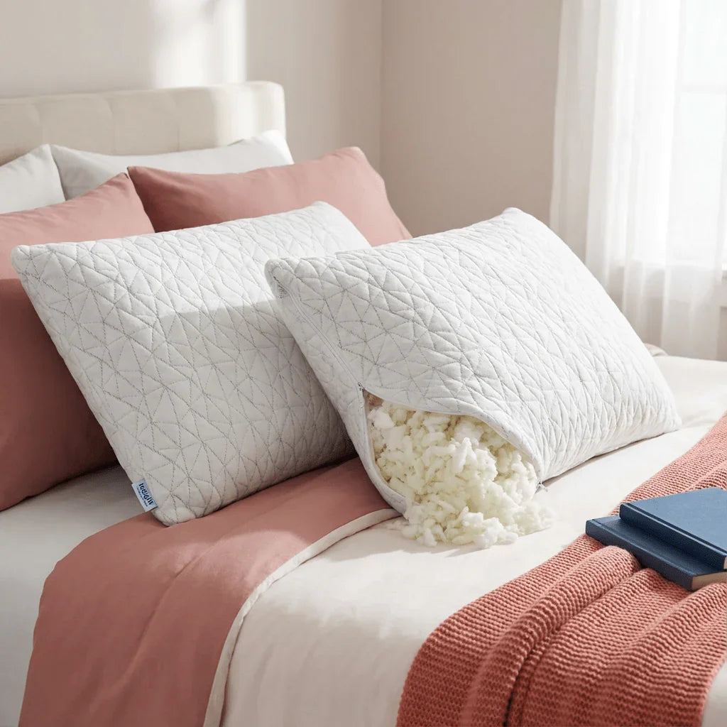 Adjustable memory foam pillow with a zippered cover on a neatly made bed