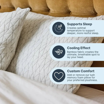 Quilted memory foam pillow on a bed, featuring text highlights for sleep support, cooling bamboo fabric, and customizable comfort.