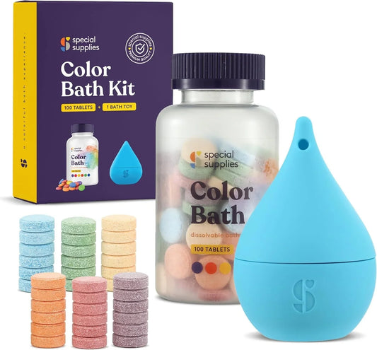 Color bath kit with assorted dissolvable bath tablets and blue sensory-friendly bath toy