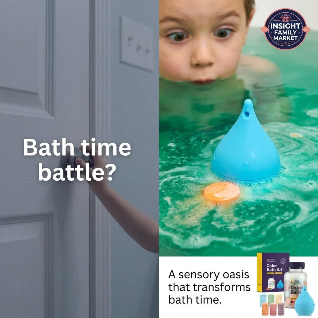 Child amazed by colorful sensory bath kit with floating blue toy and bath tablets.