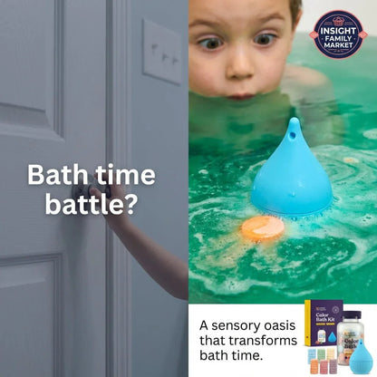 Child amazed by colorful sensory bath kit with floating blue toy and bath tablets.