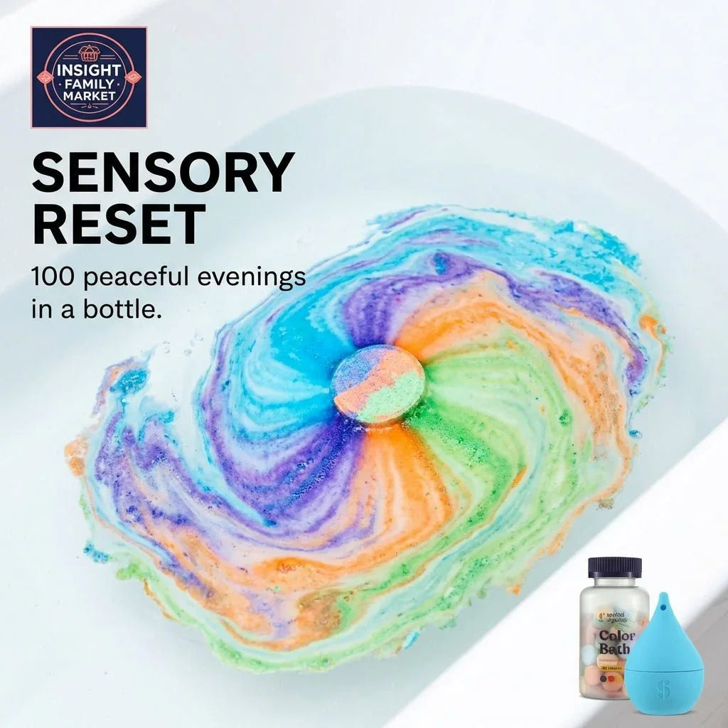 Colorful bath bomb dissolving in water with sensory support bath products beside it