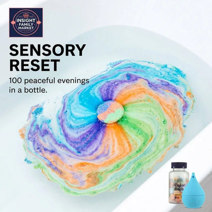 Colorful bath bomb dissolving in water with sensory support bath products beside it