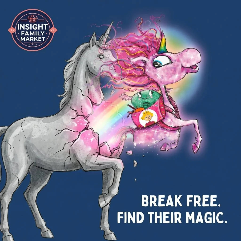 Colorful unicorn breaking out of a gray shell with rainbow and child’s backpack, inspiring message.