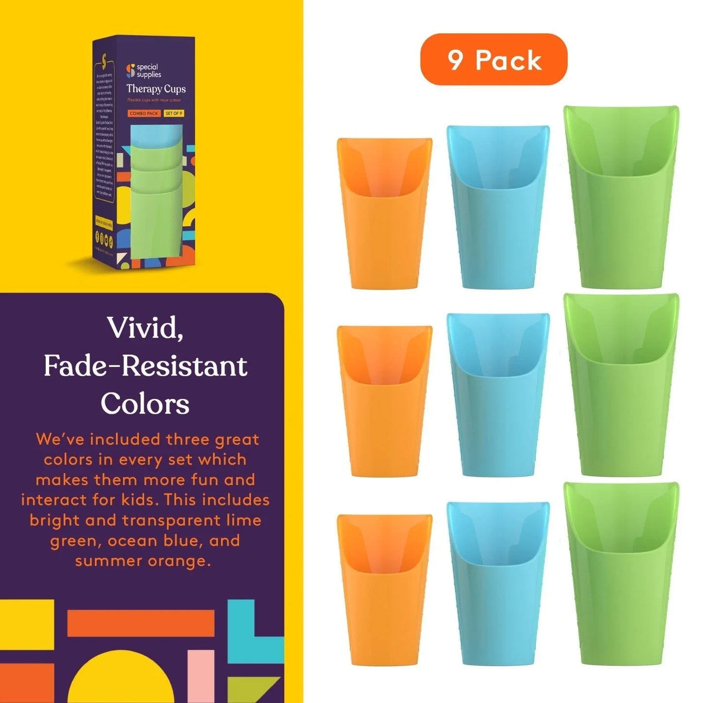 Set of nine therapy cups in orange, blue, and green, sensory drinking aid for kids