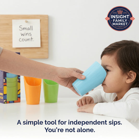 Adult helping child drink from a blue sensory-friendly cup at a table with colorful cups.