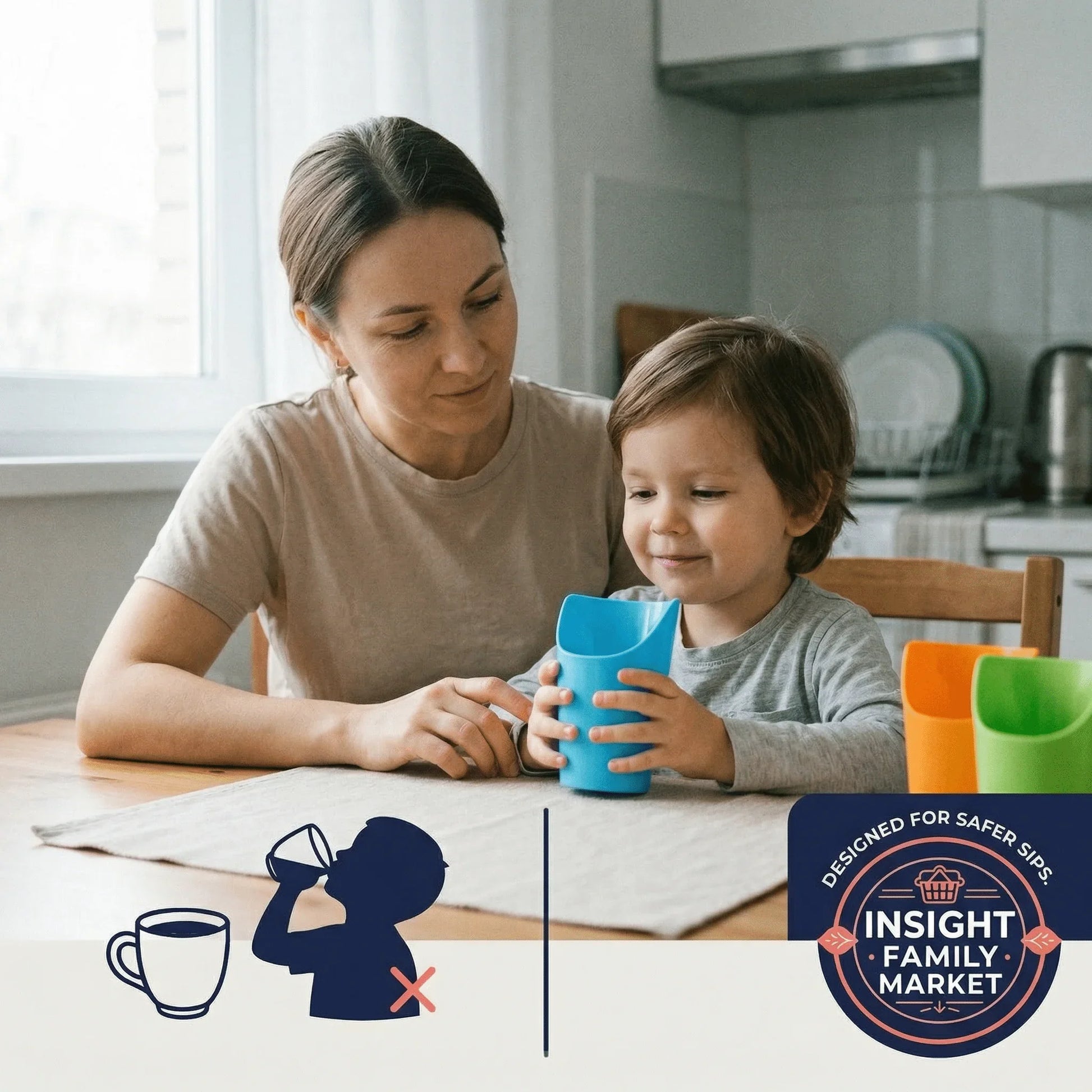 Mother helping child use a sensory-friendly adaptive drinking cup at a kitchen table.