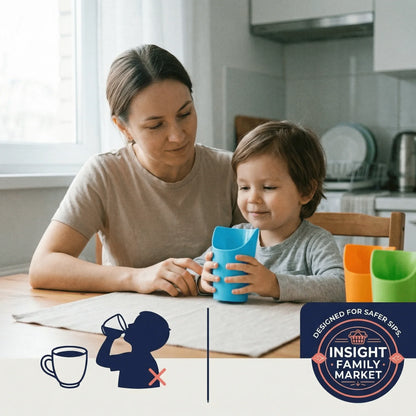 Mother helping child use a sensory-friendly adaptive drinking cup at a kitchen table.