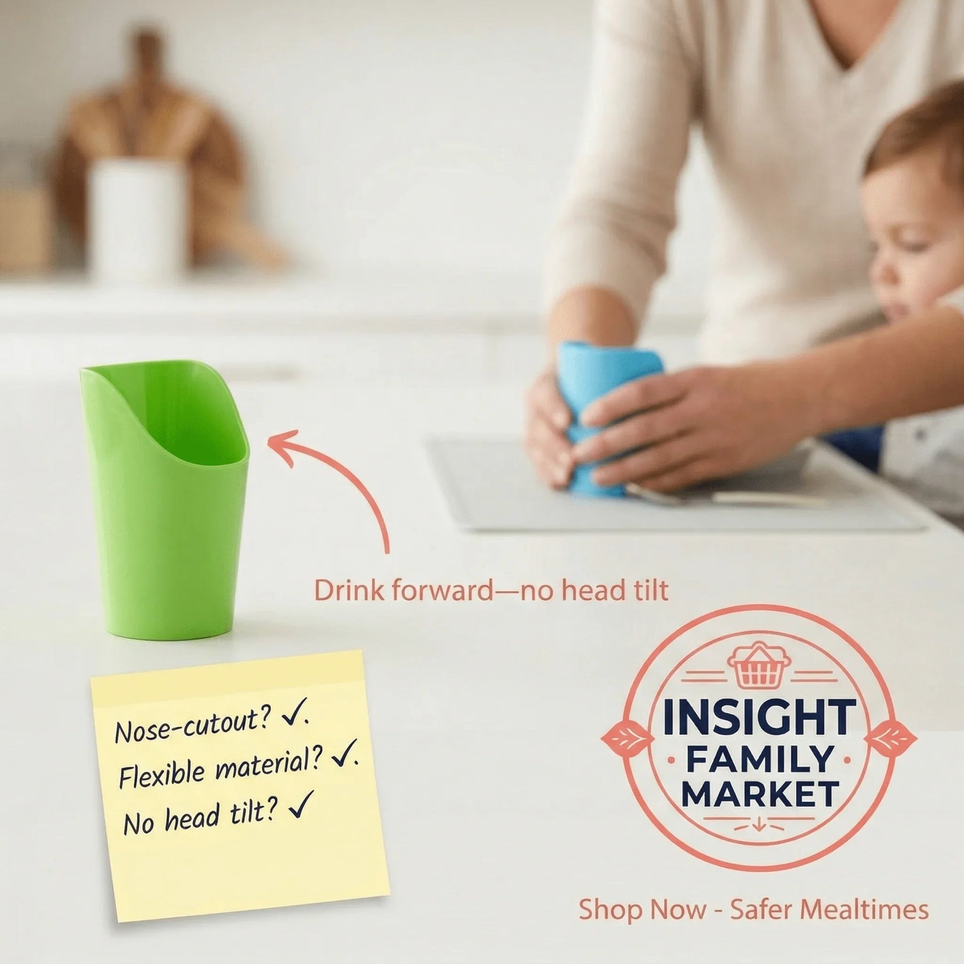 Adaptive green nose-cutout cup for safer mealtimes, ideal for sensory-friendly families