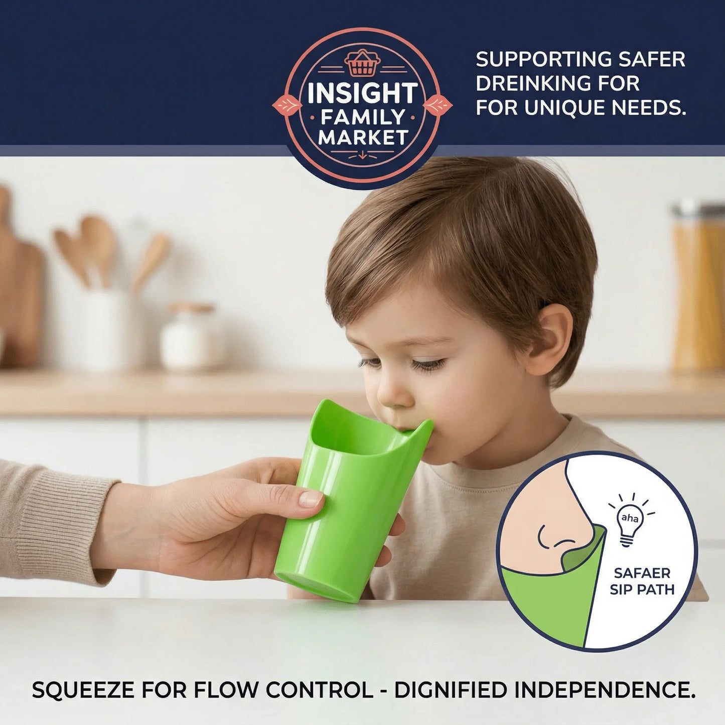 Child using a sensory-friendly green adaptive cup with flow control, ideal for special needs.
