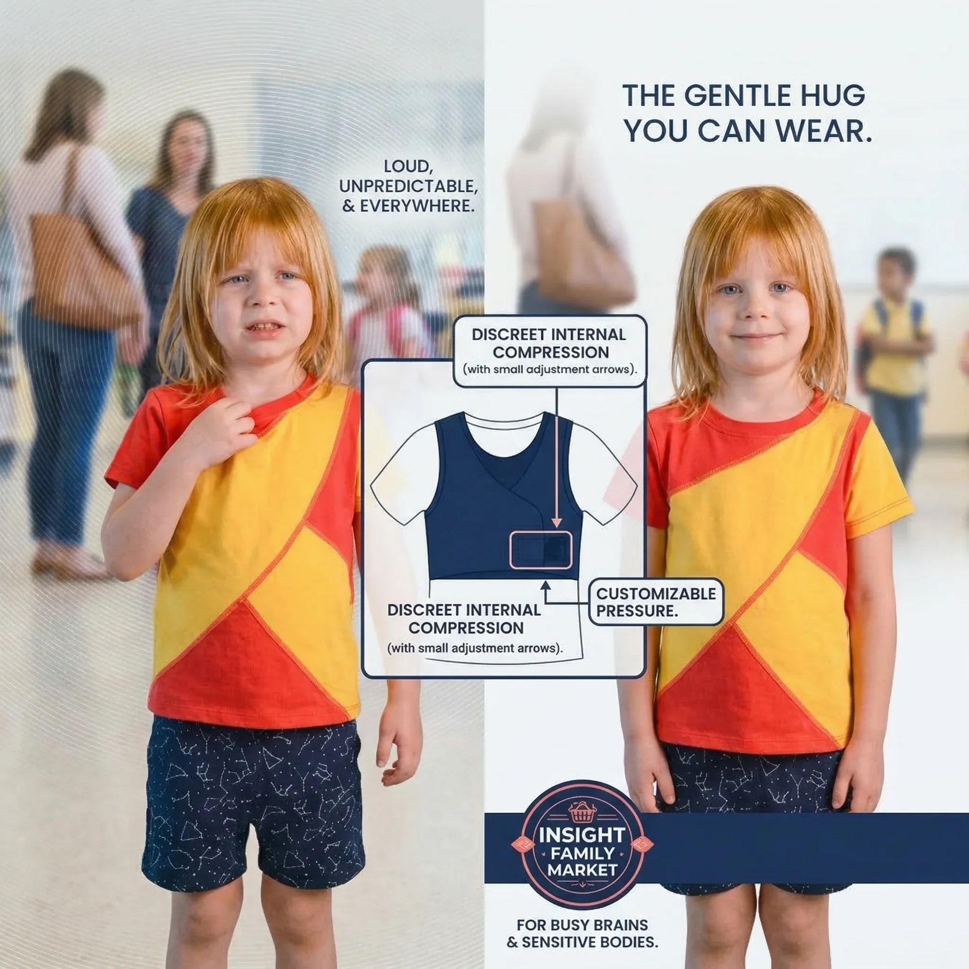 Child wearing a colorful shirt with text about a product labeled 'Insight Family Market'.
