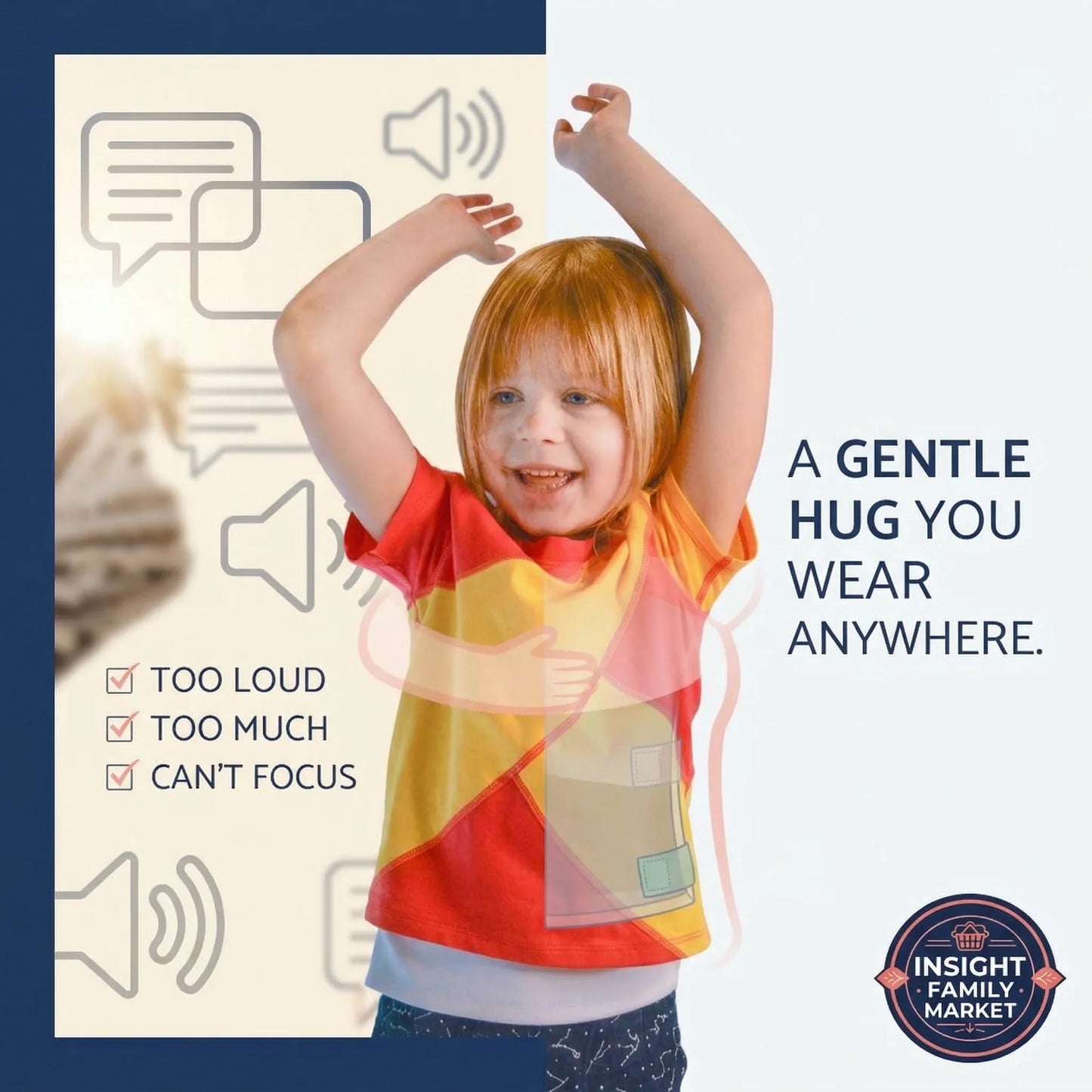 Child wearing a colorful shirt with text and icons about noise management.