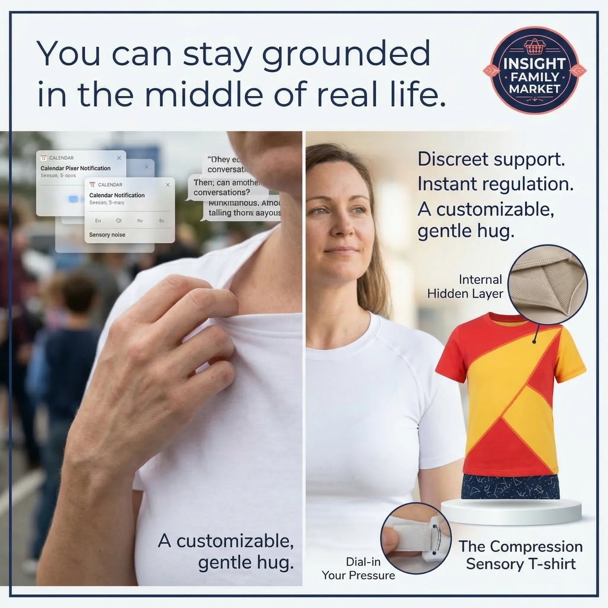 Compression Sensory T-shirt with text about discreet support and customizable gentle hug.
