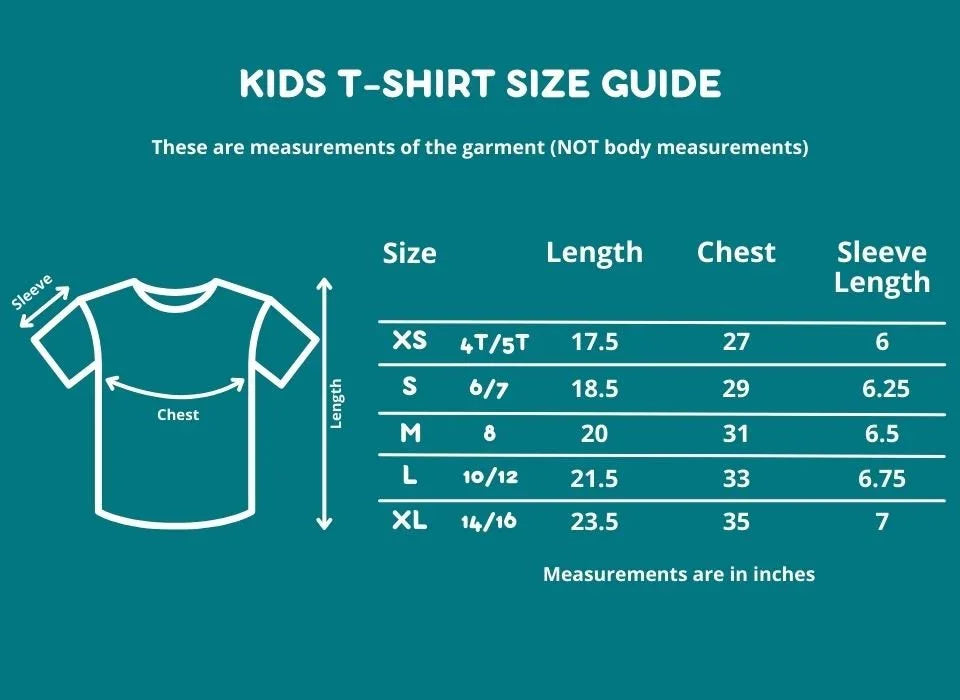 Kids T-shirt size guide chart with XS to XL, length, chest, and sleeve measurements in inches.