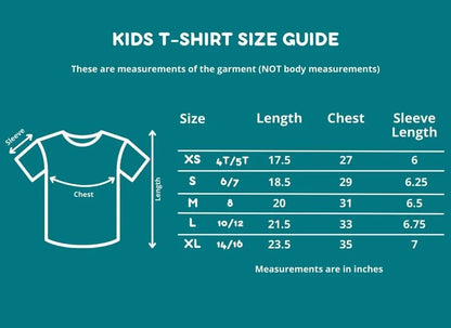 Kids t-shirt size guide chart with measurements for length, chest, and sleeve in inches.