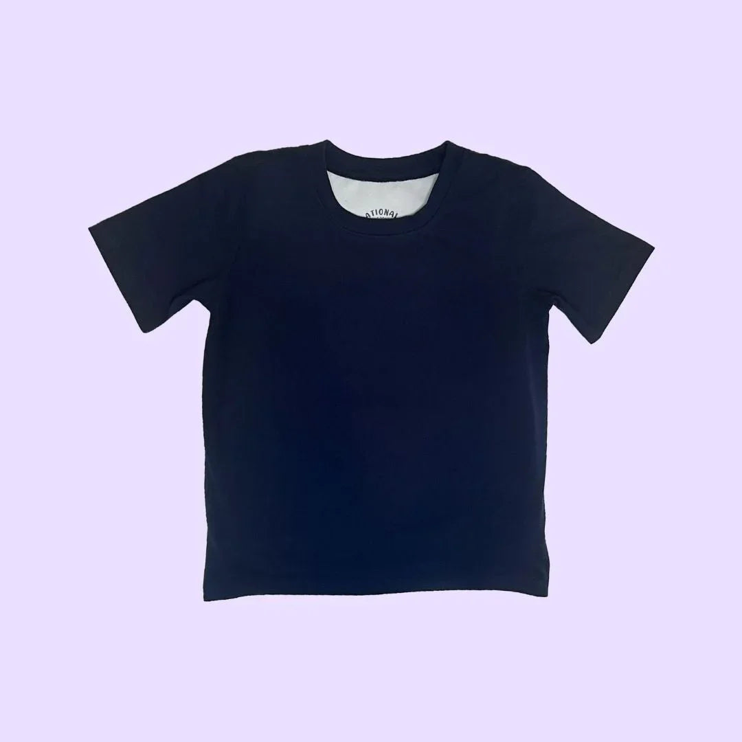 Navy blue sensory-friendly short sleeve t-shirt on light purple background