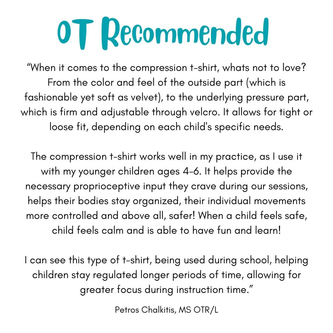OT Recommended text review describing benefits of compression t-shirt for sensory support.