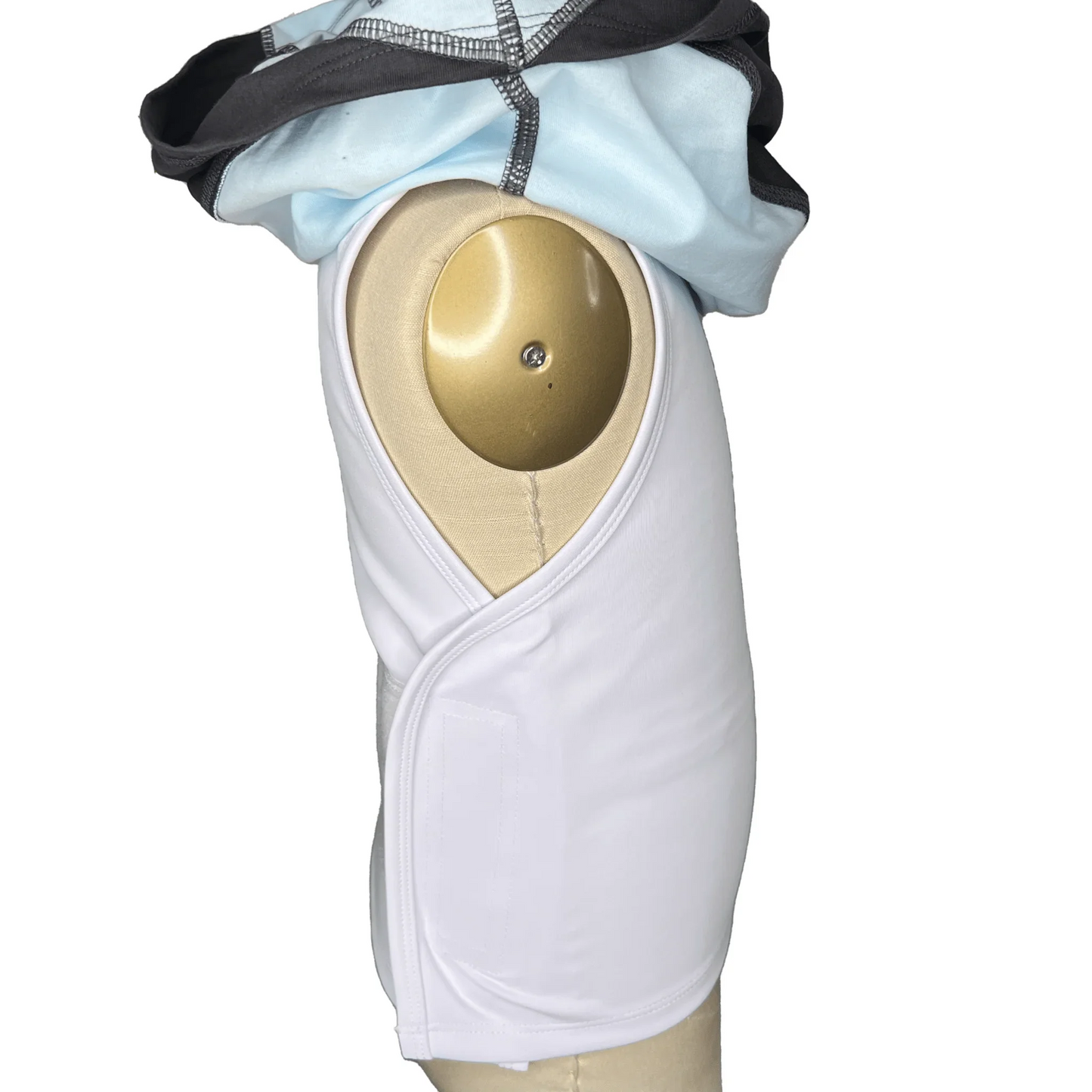 Side view of gray and mint sensory compression shorts on a mannequin