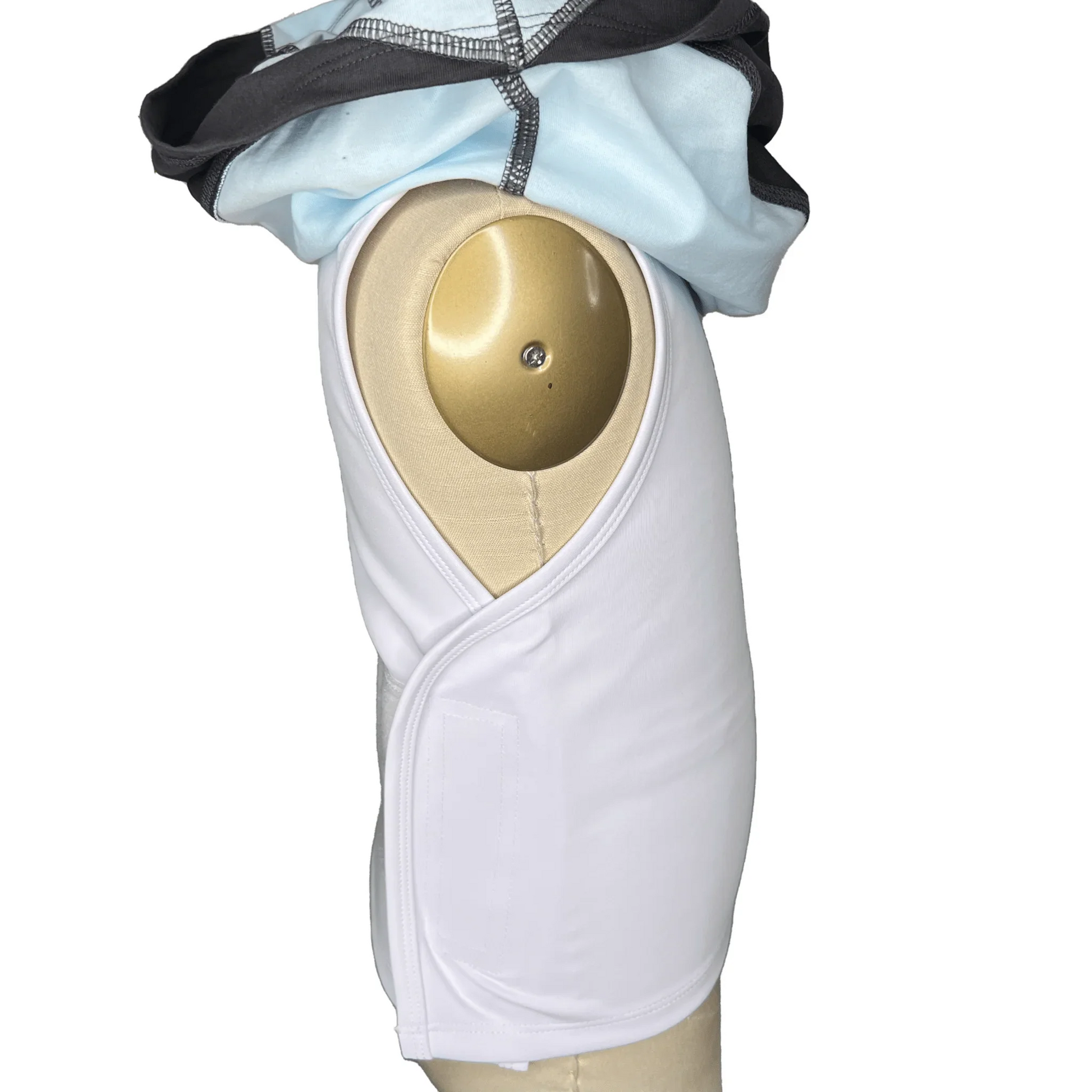 Side view of gray and mint sensory compression shorts on a mannequin