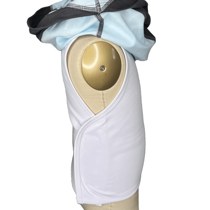 Side view of gray and mint sensory compression shorts on a mannequin