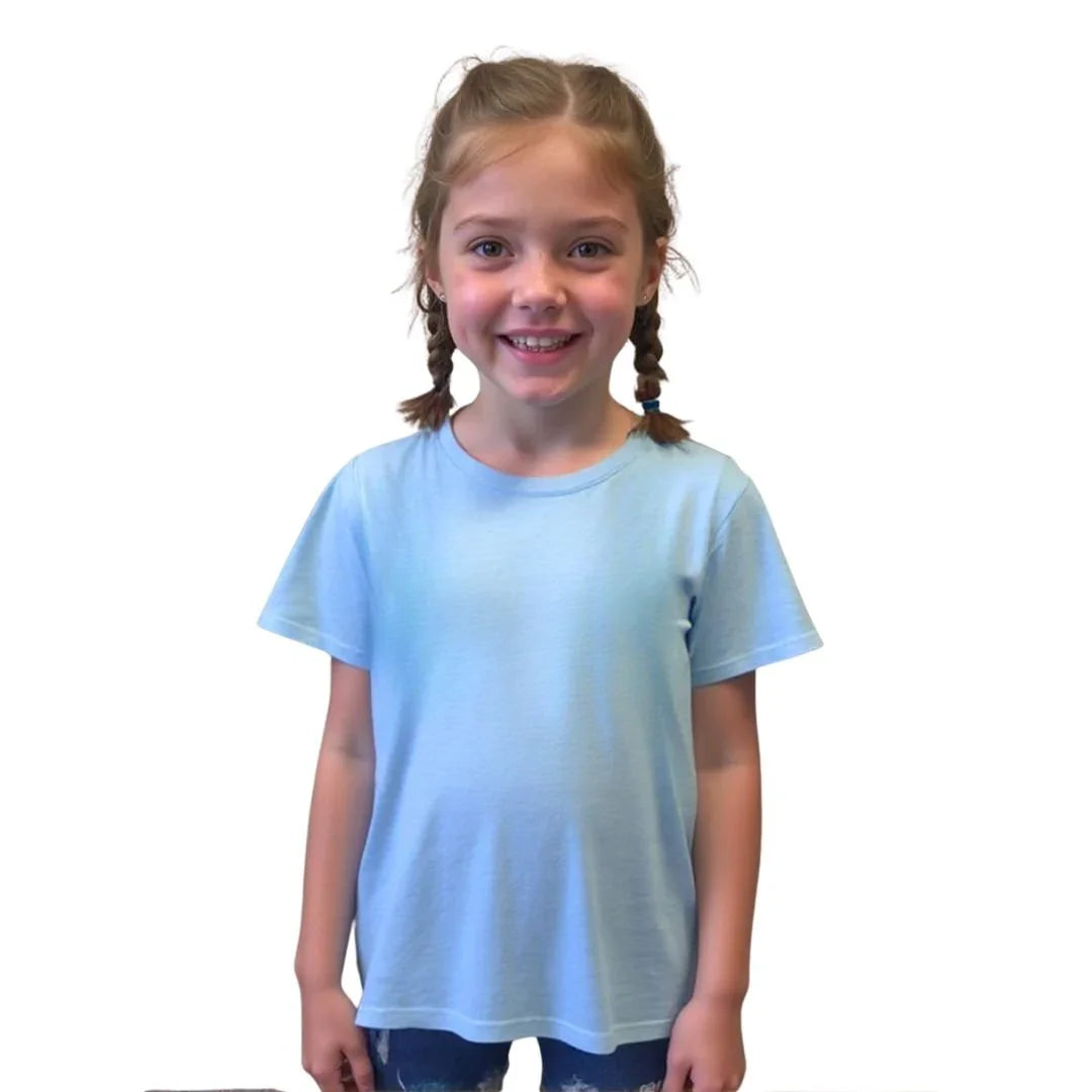 Smiling child in sensory-friendly light blue t-shirt with short sleeves, front view