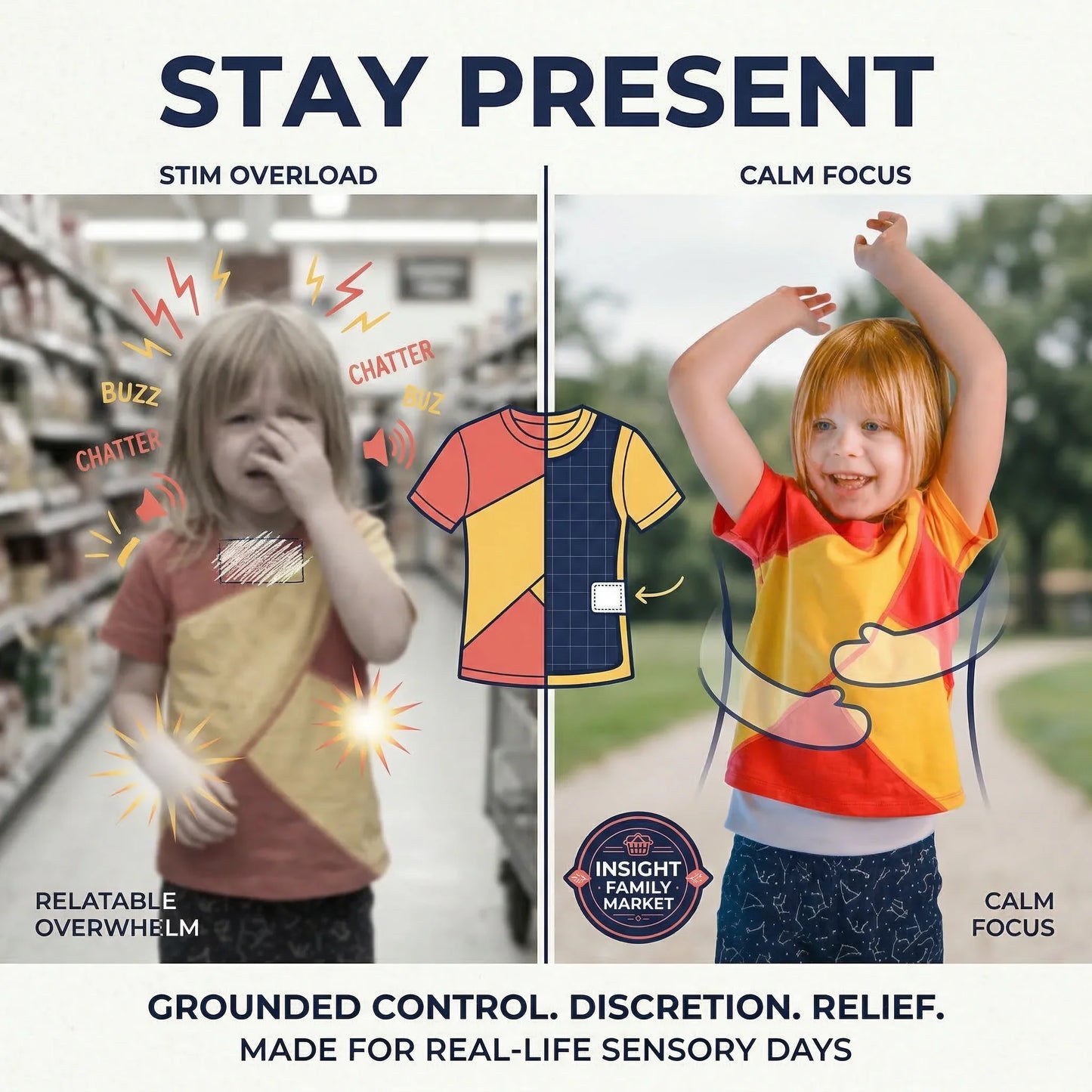 Two children, one in a store and one outdoors, with text about sensory management products.