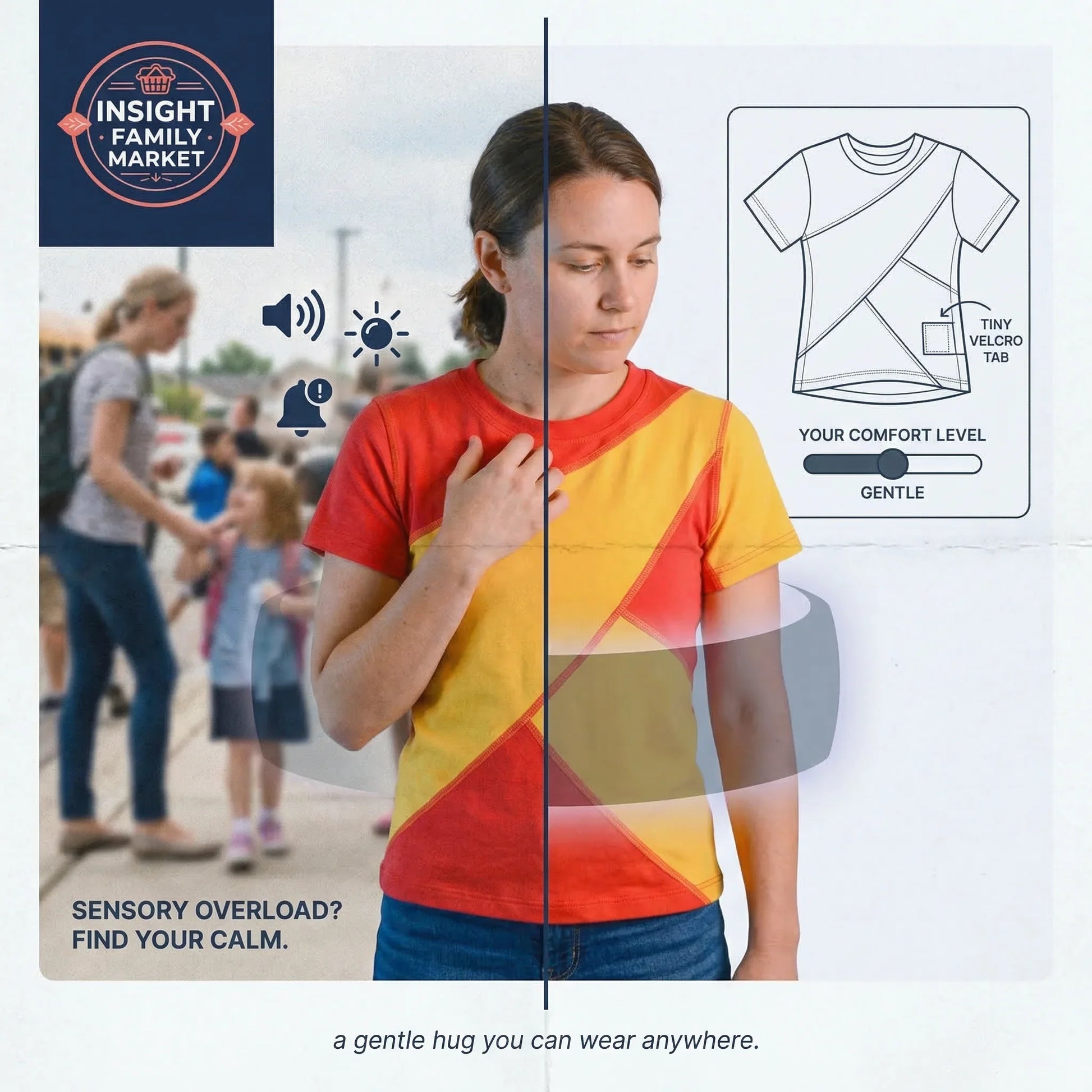 Woman wearing a colorful t-shirt with a split screen showing a family and product design.