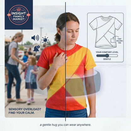 Woman wearing a colorful t-shirt with a split screen showing a family and product design.