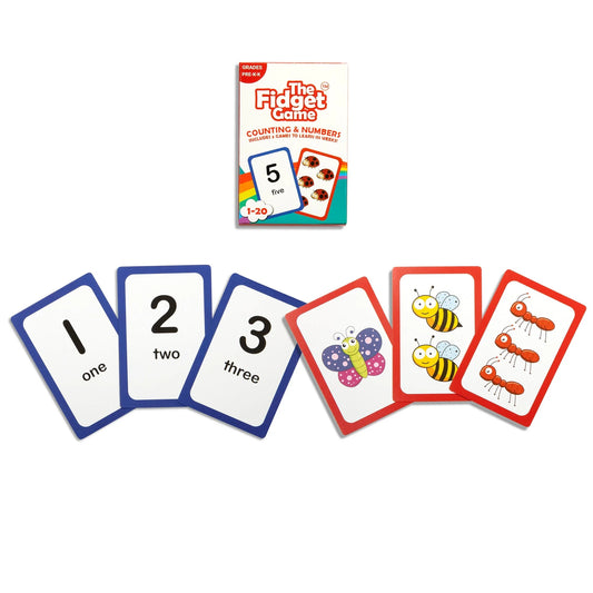 Counting and number flashcards game for kids, with numbers, words, and animal illustrations.