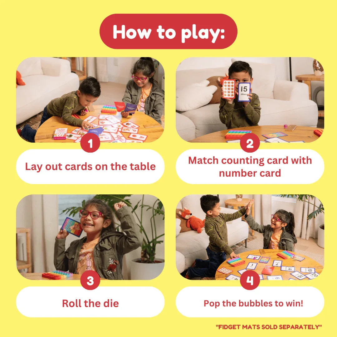 Children playing a counting and numbers card game at a table for learning and sensory skills.