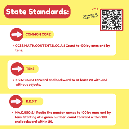 State standards chart for counting numbers with Common Core, TEKS, B.E.S.T details and QR code