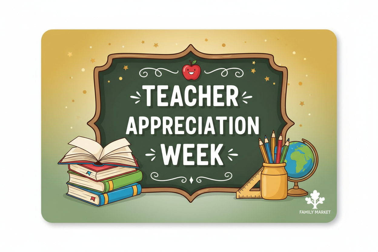 Teacher appreciation week card with books, apple, and globe on a green background