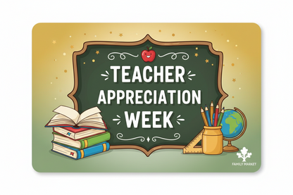 Teacher appreciation week card with books, apple, and globe on a green background