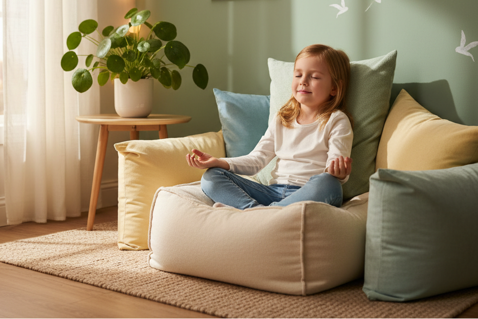 Child sitting on a bean bag chair in a cozy room with green walls and decorative elements.