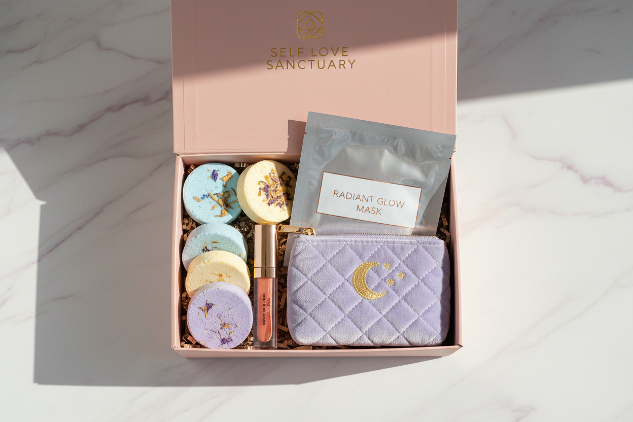 Self Love Sanctuary gift set in a blush pink box, featuring a lavender quilted pouch with a gold crescent moon, a silver radiant glow mask packet, and several small floral lip balm tins on a white marble background.