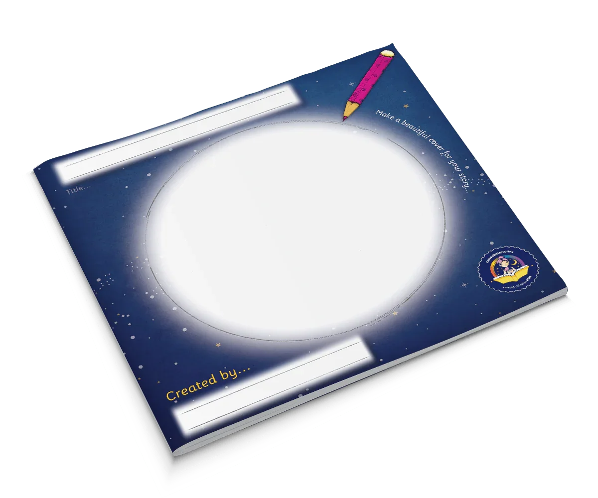 Blank children's storybook with a blue starry cover and space for title and illustration