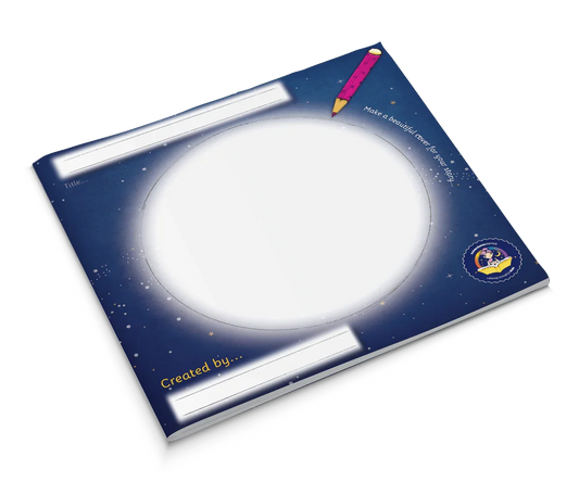 Blank children's storybook with a blue starry cover and space for title and illustration