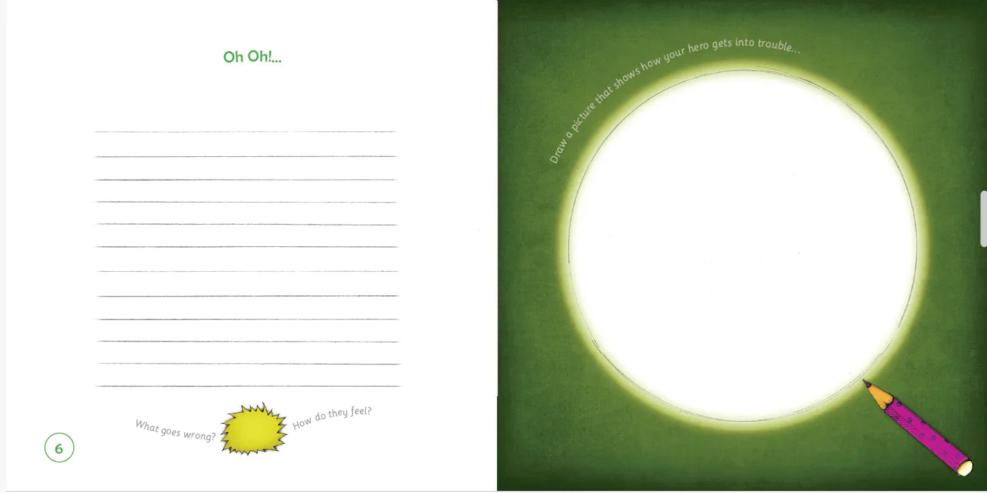 Children's storybook page with lined writing space and drawing circle for creative storytelling.