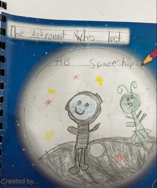 Child’s drawing of an astronaut and alien on a planet with stars, titled 'The Astronaut Who Lost His Spaceship.'